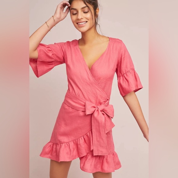 NWT Anthropologie 4our Dreamers Women's Pink Linen  Wrap Dress Size Large - Picture 1 of 11